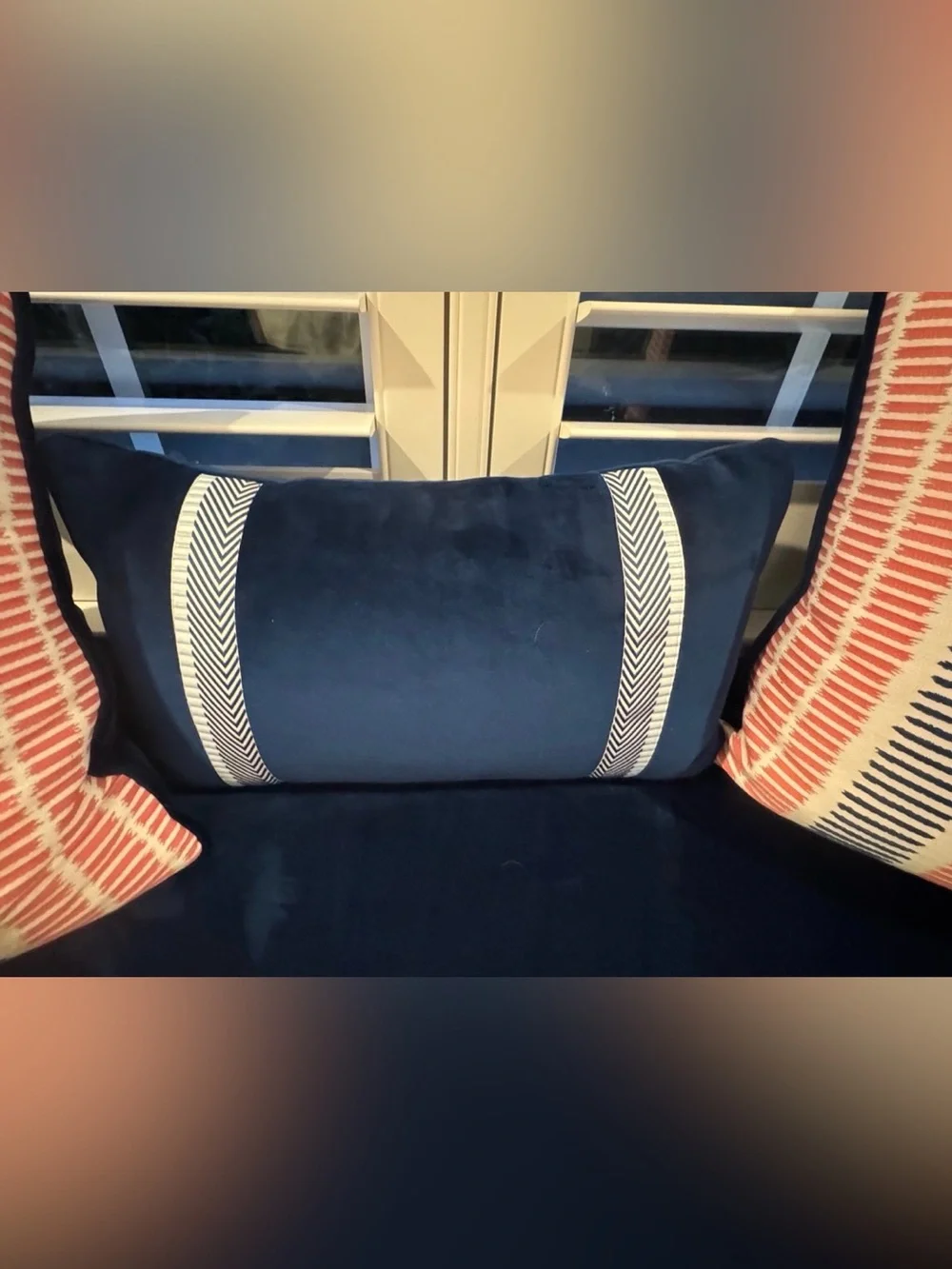 Set of 3 Thibaut Striped Throw Pillows & Navy Velvet Pillow with Trim